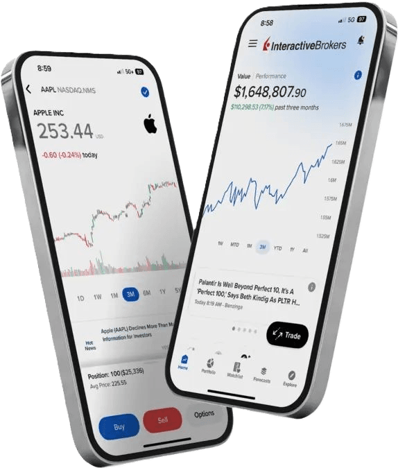 Mobile trading app on iOS and Android — portfolio charts, buy and sell, and market data